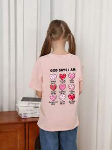 Young Girl Casual Funny Print Round Neck Short Sleeve T-Shirt, Summer Top - Pink - View 2