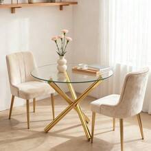 Round Dining Table With Tempered Glass Top And Gold Legs, Coffee Table, Modern And Minimalist Dining Table, 80 * 80 * 76 Cm - Gold - View 9