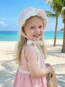 1pc White Lace Flower Girls Sun Hat, Breathable UV Protection Princess Style Embroidered Children Cap - 1PC - View 6