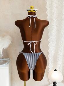 性感时尚的黑白条纹印花挂脖比基尼套装，适合海滩、游泳、度假，休闲、可爱、优雅、性感、波西米亚风格，夏季适用。 - 黑與白 - 查看 2