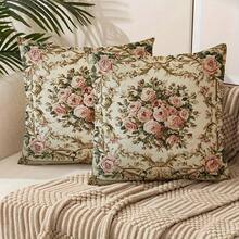 2 件装法式复古宫廷风粉色玫瑰抱枕套，奢华花卉图案抱枕套，涤纶面料，拉链封口，单面印花，适用于家居沙发、床、椅子、农舍户外露台装饰 - 粉綠色 - 查看 4