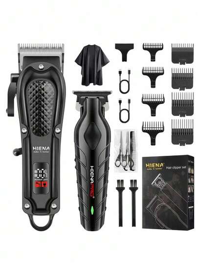 HIENA 两件套理发器组合套装，男士无线电动理发器，LED数字显示屏，USB便携式充电，顺滑易用，配备多种美发配件，是您理想的理发助手。
