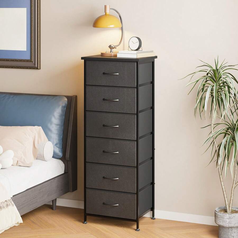 Tomnk 6-Drawer Fabric Dresser Storage Tower For Bedroom, Closet Or Entryway, Tall Chest With Sturdy Metal Frame & Pull-Out Bins, Space-Saving Vertical Organizer For Clothes, Toys Or Linens (2-Pack Available) - 黑色 - 查看 1