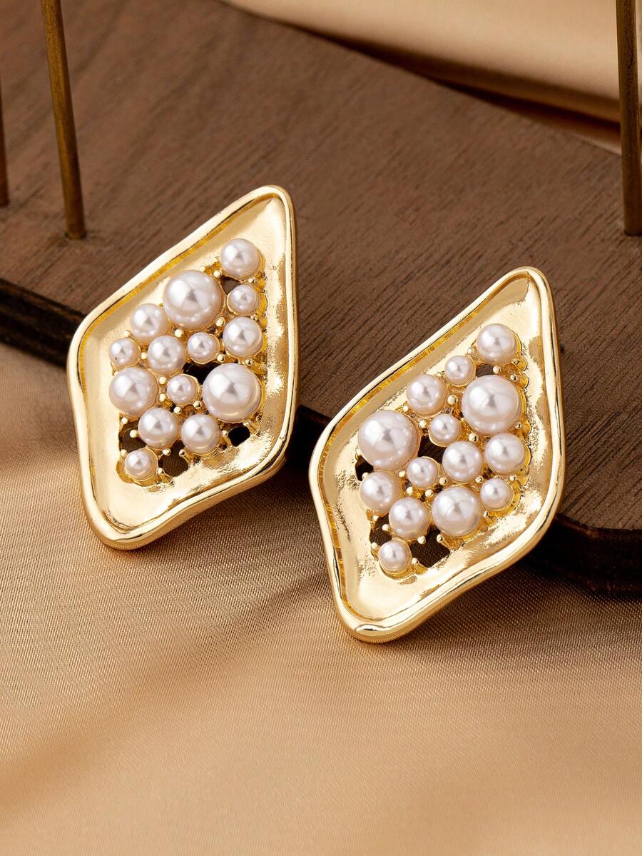 1 Pair Exaggerated Geometric Pearl Teardrop Earrings For Women - Multicolor - View 1