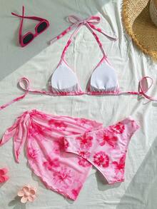 Women's Summer Beach Vacation Random Floral Print Halter Tie Back Sexy Bikini 3-Piece Set - Multicolor - View 11