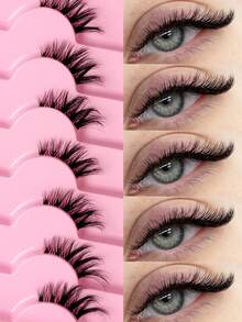 7对半截假睫毛，透明睫毛梗，猫眼尾型，纤长自然，仿貂毛材质，蓬松柔软，打造自然妆容，适合日常佩戴和派对场合。 - 黑色 - 查看 1