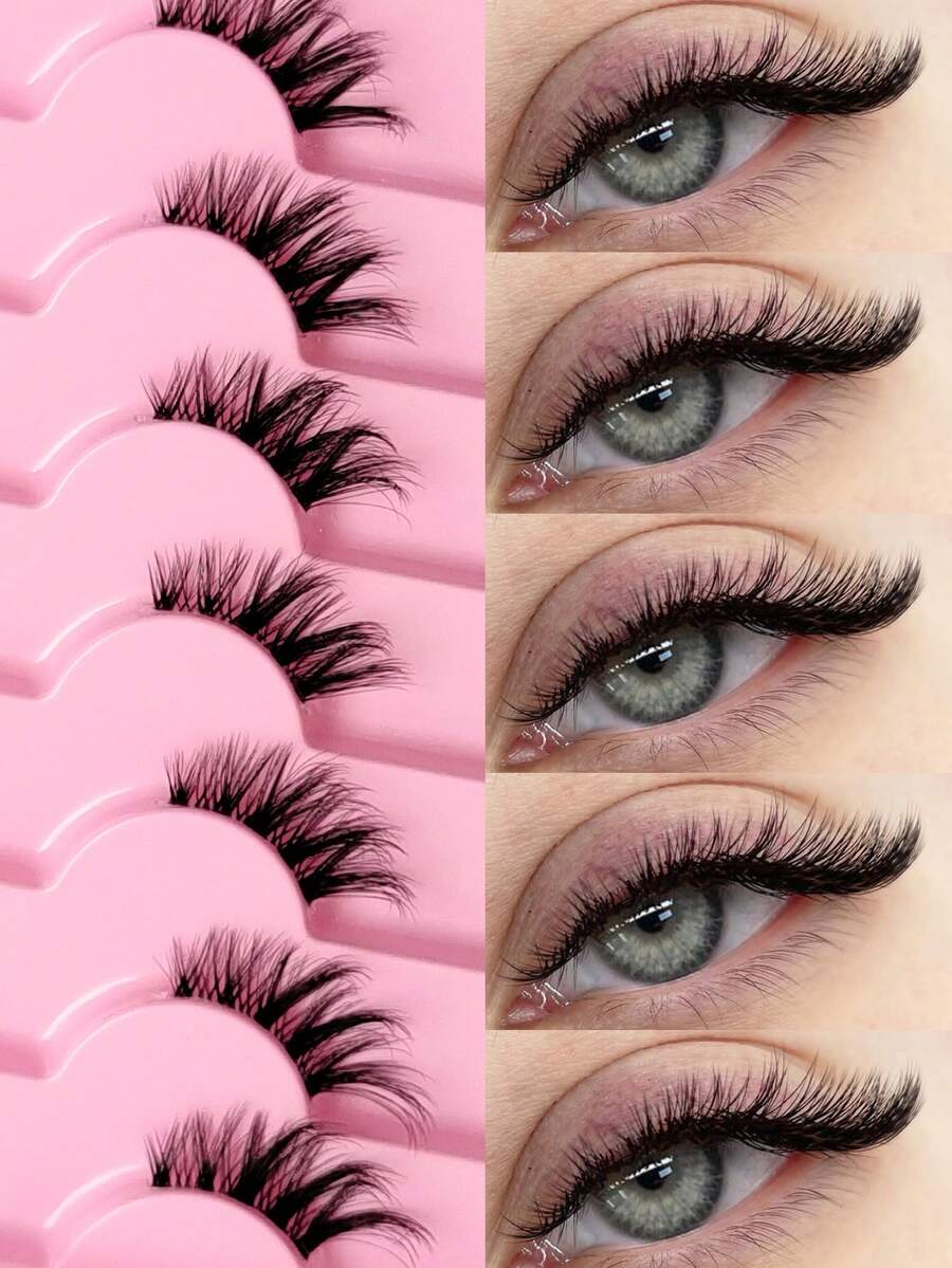 7对半截假睫毛，透明睫毛梗，猫眼尾型，纤长自然，仿貂毛材质，蓬松柔软，打造自然妆容，适合日常佩戴和派对场合。 - 黑色 - 查看 1