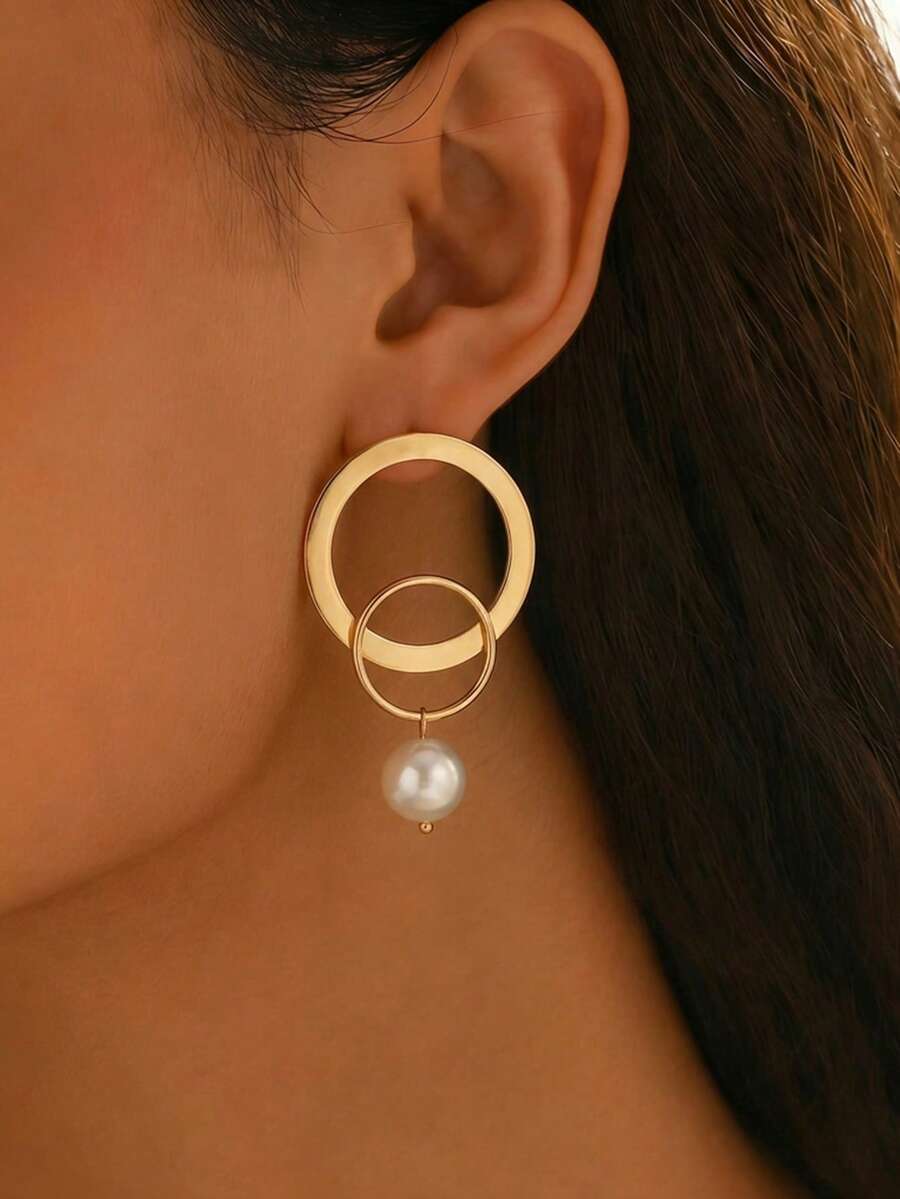 1 par de pendientes elegantes de gota redonda con diseño geométrico y empalme, personalizados, adecuados para uso diario, ir al trabajo, citas, fiestas y otras ocasiones - Amarillo Oro - Ver 1