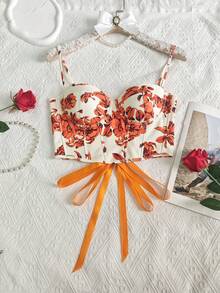 Women's Adjustable Strap Floral Print Heart Neck Waist Tie Blouse - Orange - View 3