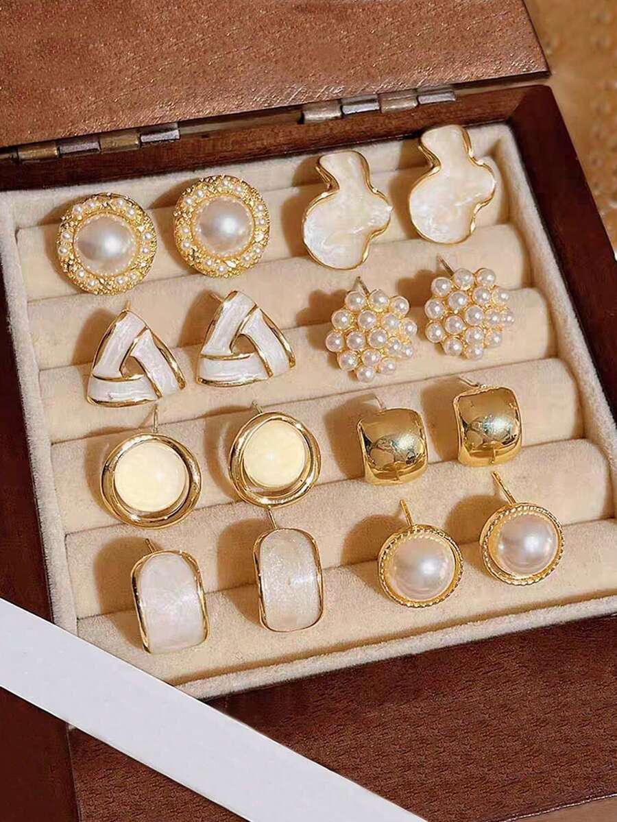 Bộ 8 khuyên tai hình học đính ngọc trai giả trơn đơn giản cổ điển, thích hợp cho phụ nữ đeo hàng ngày và lễ hội - Bộ đồ A - Xem 1