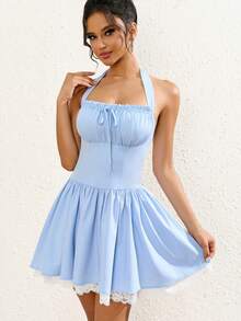 Elegant Bohemian Style Sleeveless Short A-Line Dress With Pleated Bust And Lace Hem - Blue - View 9