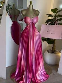 Romantic And Sweet Strapless Racerback Dress For Women, Tie-Embroidered Pleated Oversized Skirt Dress, Beach Resort Dress Set - Màu Hồng Tươi - Xem 2