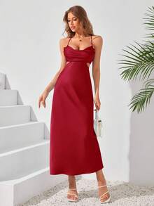 Women's Solid Color Minimalist Casual Spaghetti Strap Backless Dress Wedding Spring - Burgundy - View 4