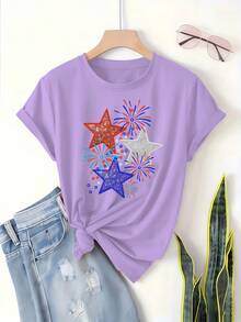 Women's Patriotic T-Shirt - Red, White, And Blue Stars With American Fireworks Design, Casual Loose Fit, Machine Washable, Fashionable Women's Top - 預設圖2 - 查看 10