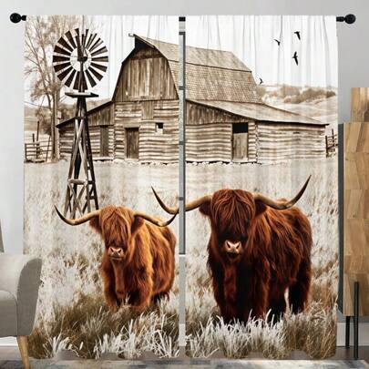 Conjunto de 2 cortinas decorativas estilo casa de campo, com estampa de celeiro em terras altas e ilhós, paisagem campestre. Ideais para sala de estar, quarto, escritório, todas as estações do ano, estilo nórdico e luxuoso, perfeitas para decoração de Ramadã e ambientes. Cortinas semitransparentes com estampa digital, em poliéster.