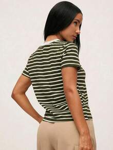 SHEINBASICSS Striped Print T-Shirt/Summer - Army Green - View 2