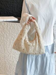 Hollow Floral Woven Bag, Bohemian Style Beach Bag, Casual Tote (Pattern Random),Straw Bag - Beige - View 6