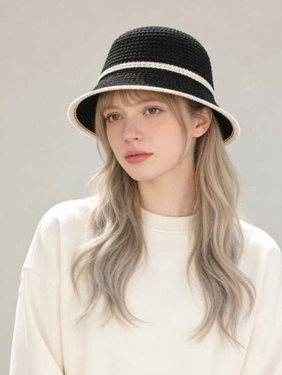 1 pieza Sombrero de cubo de mujer de unicolor, estilo bohemio retro de palacio, casual, lindo, de calle, de poliéster, unicolor, a prueba de viento, protección UV, decorativo, de nueva moda, primavera/otoño