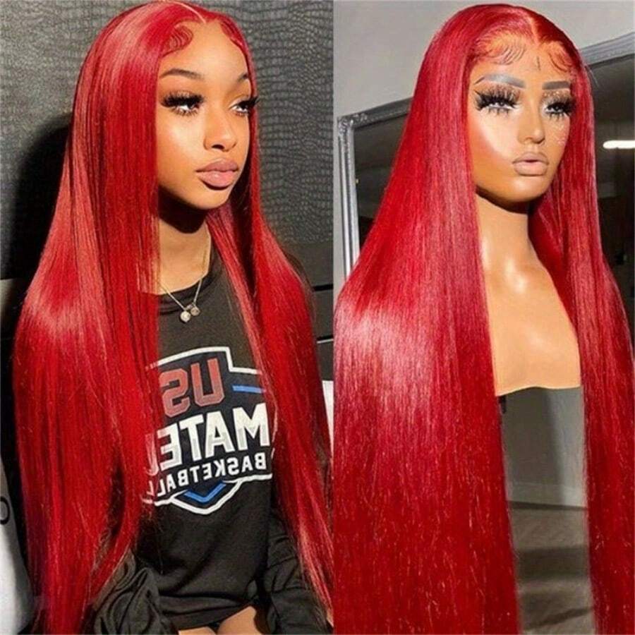 Red Bone Straight 30 36 Inch 250 Density 13x6 Lace Front Brazilian HD 13x4 Pre Plucked Wig Red Glueless Human Hair Lace Frontal Wigs - SRed - 查看 1