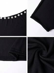 Vaiaye 女士宽松休闲圆领单肩T恤，贝壳装饰修身款T恤，春夏露肩上衣，黑色 - 黑色 - 查看 11