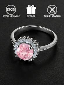 S925 Sterling Silver Ring With Pink Cubic Zirconia, Sunflower Design, Adjustable Size, Suitable For Daily Wear/Great Gift Choice, Comes With Gift Box - Silver - View 6