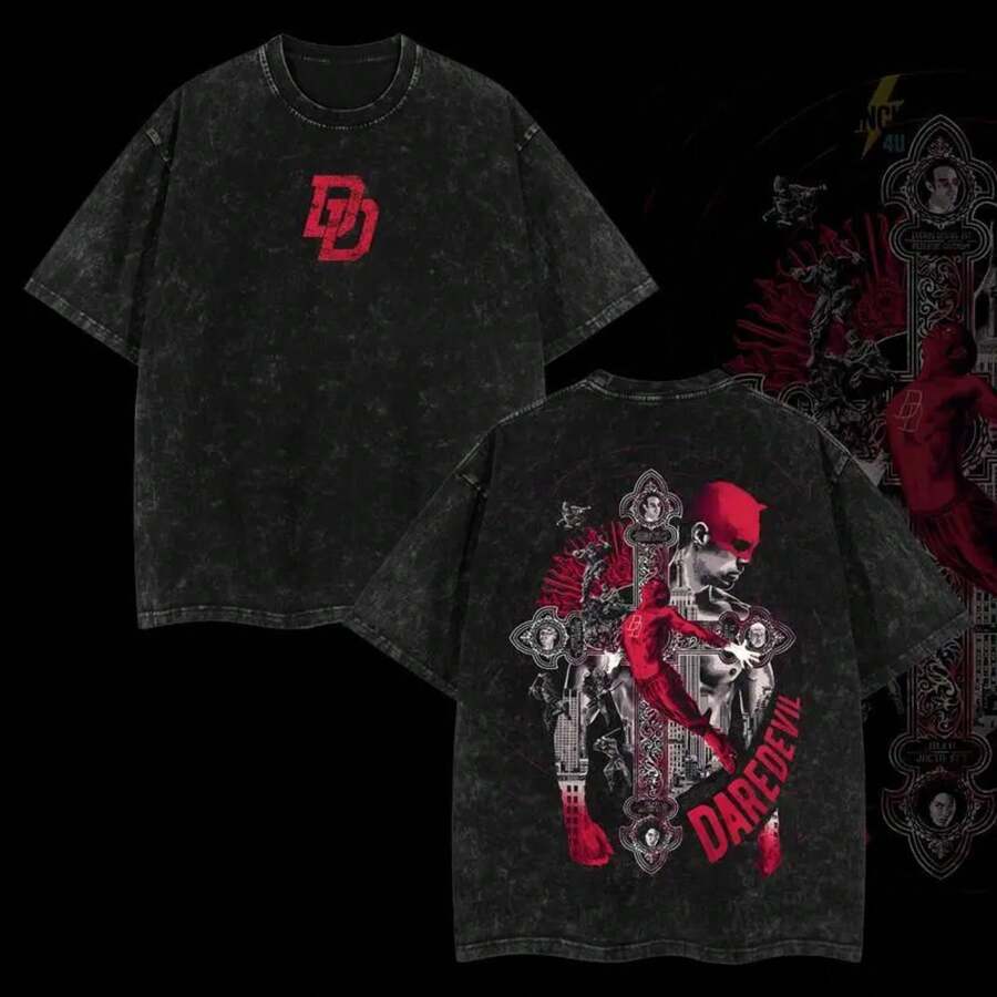 Daredevil Comics Retro Vintage Limited Edition Oversized Washed T-Shirt 230gsm Premium Cotton Unisex Streetwear Clothes Men's Top - 黑色 - 查看 1