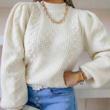 Women's Popcorn Knit Blouse Knitting Fashion Blogger Simple Wool-Like Fabric Knitted Cable Stitch Evening Holiday Office Home Daily - White - View 3