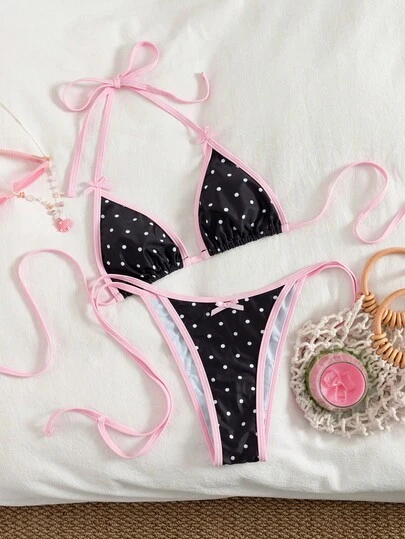 PEPPERMOLLY 2026复古性感两件式泳衣，黑色和亮粉色比基尼，饰有波点，粉色系带和蝴蝶结装饰，简约设计，适合海岛度假和游泳派对