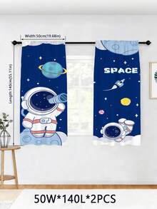 2片装太空主题遮光窗帘，宇航员和行星图案，儿童卧室、男孩房、客厅遮光装饰，星空窗帘 - 彩色 - 查看 8