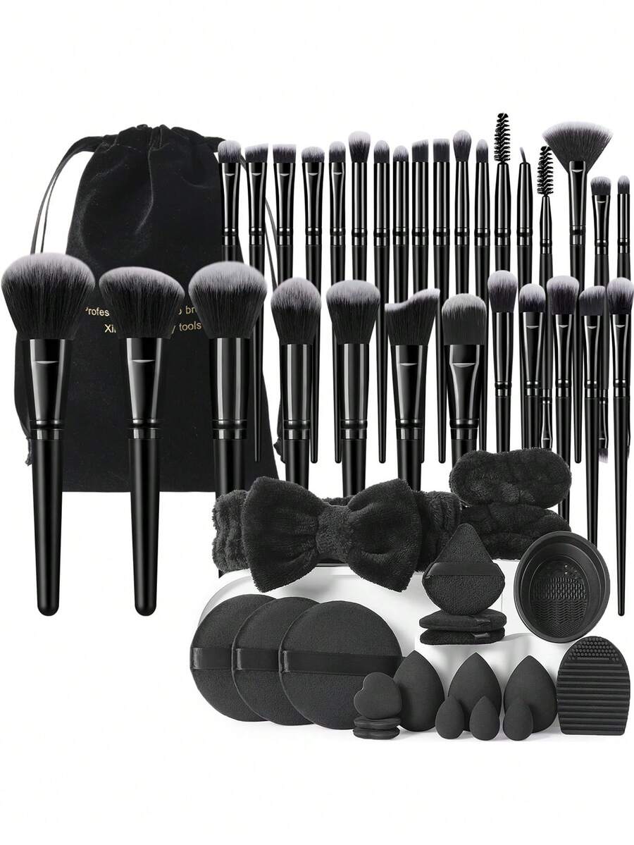 41件套化妆工具套装，包括：20支化妆刷套装+3个圆形粉扑+3个化妆海绵+3个三角形粉扑+3个迷你化妆海绵+3个迷你气垫粉扑+2个化妆刷清洁工具+1个发圈+2个手提碗挂绳+1个绒布袋 - 彩色 - 查看 1