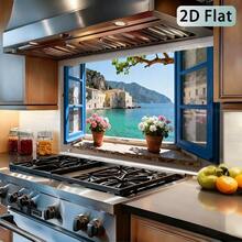 1pc 2D Self-Adhesive Kitchen Wall Sticker | Open Window Seaside Town Seascape With Blue Frame And Flowers, Removable Kitchen And Living Room Splash-Proof Wallpaper, Glossy Vinyl - Style 1 - View 5