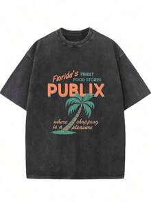 Florida Publix Graphic Tee, Streetwear Men's Black Washed Short Sleeve T-Shirt, Fashion Summer.Jpg - Black - View 1