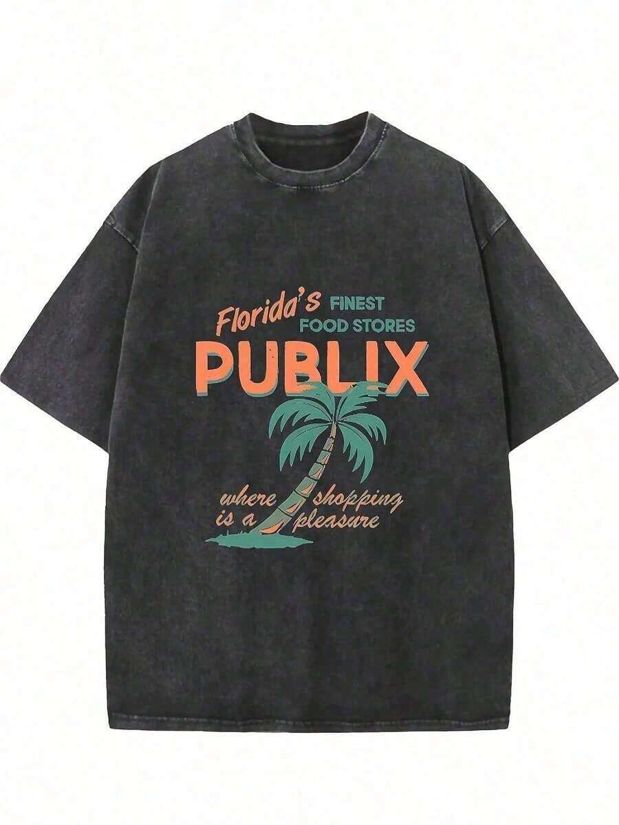 Florida Publix Graphic Tee, Streetwear Men's Black Washed Short Sleeve T-Shirt, Fashion Summer.Jpg - Black - View 1
