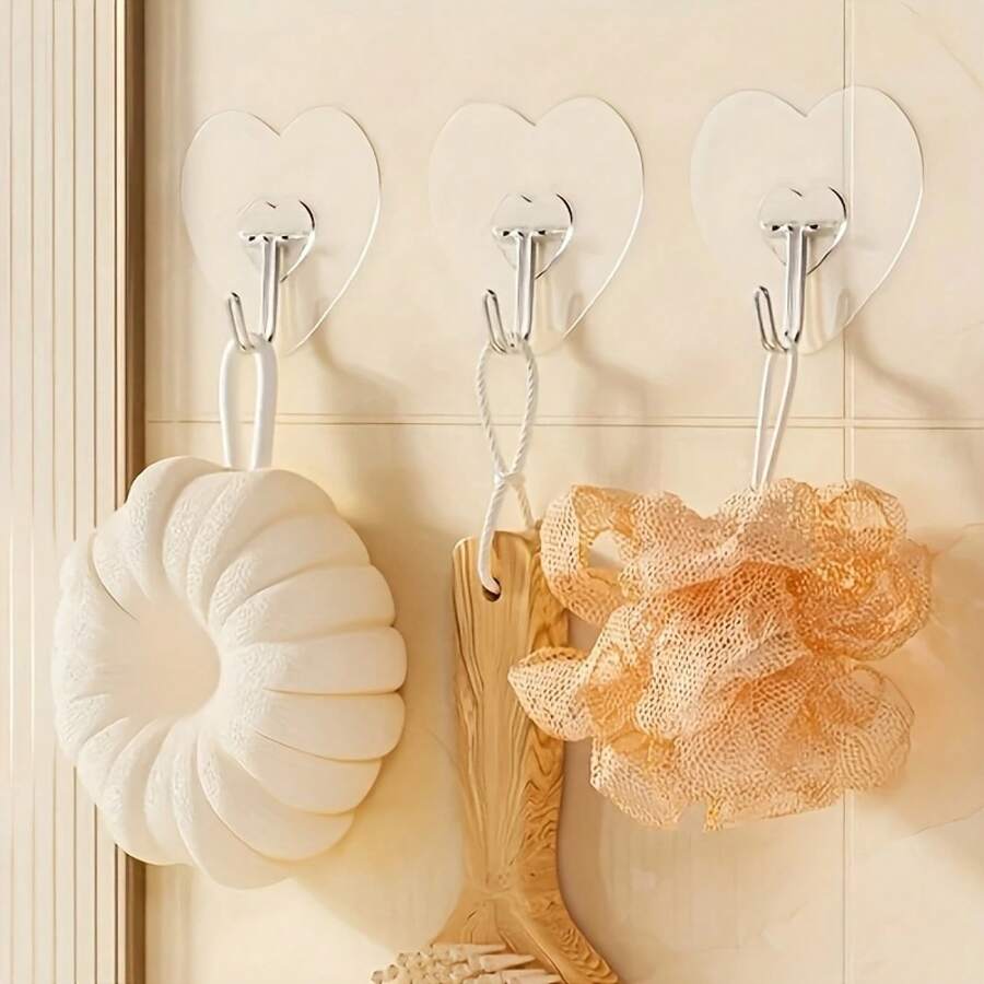 10 Heart-Shaped Adhesive Hooks, No Drilling Required, Traceless, Transparent, Multifunctional For Kitchen, Bathroom, Home Use, And Hanging Clothes And Hats Behind The Door