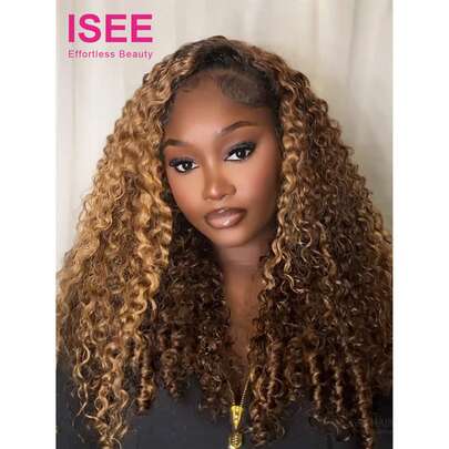 ISEE 高光染发，佩戴舒适，缅甸卷发真人发，16-28英寸，180%密度，三合一半假发，带抽绳，自然发际线，新手友好，无缝翻转式假发，无需胶水，无蕾丝，半假发