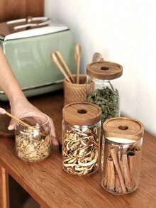 1 hũ thủy tinh kín khí bằng gỗ hồng mộc có nắp gỗ, hộp đựng thực phẩm nhà bếp dùng để đựng ngũ cốc, hạt cà phê, mì ống, gia vị, kẹo, muối, đường, lá trà, v.v. - Vỏ gỗ keo lỗ tròn - Xem 3