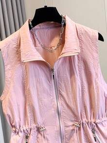 Chaleco sin mangas de verano para mujer, cuello alto, diseño con cremallera, forrado, versátil, cómodo para el transporte, de moda y ligero, color rosa primaveral - Rosa - Ver 5