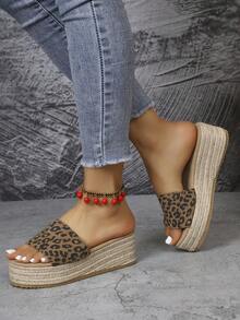 Women's Wedge Thick Bottom Sandals, Retro Leopard Print Woven Wedge Slippers, European And American Style Thick Bottom Elevated Slip-On Sandals, Summer Commute Versatile - Brown - View 2