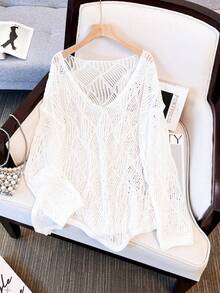 Women's V-Neck Hollow Rhombus Design Loose Knit Cover Up, Airy And Breathable For Beach/Resort Wear, Spring/Summer Vacation - 白色 - 查看 4