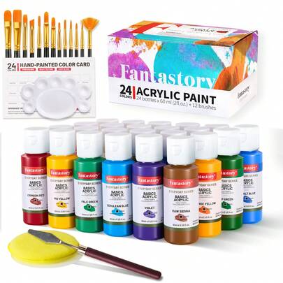 Fantastory Acrylic Paint Set, 2oz 24 Colors Acrylic Craft Paint With 12 Brushes