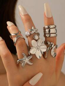 Bộ 6 chiếc nhẫn kim loại thời trang hình sao biển và hoa, kiểu dáng đa dạng, thích hợp cho tiệc bãi biển và kỳ nghỉ ven biển. - Nhiều màu - Xem 7