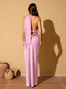 LOVE&LEMONADE Đầm maxi satin ôm dáng không tay cổ khăn choàng với thắt lưng dài thướt tha dành cho nữ, màu hồng nhạt. - Màu Hồng baby - View 7