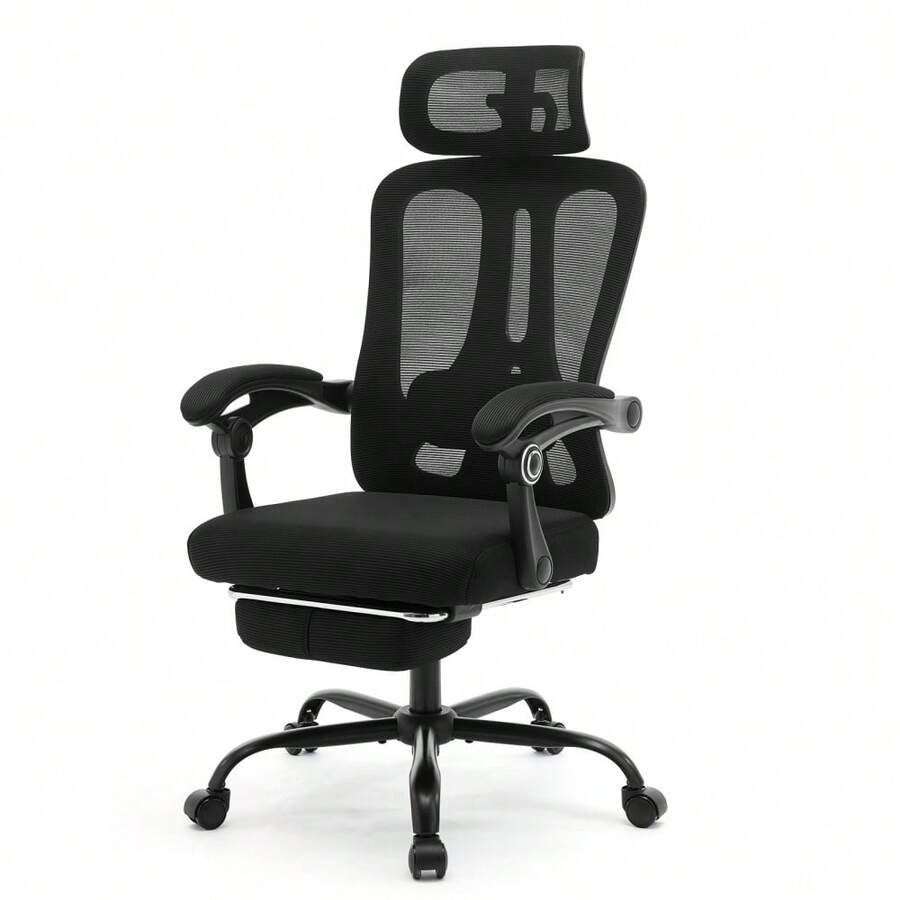 Silla ergonómica para gaming y oficina con respaldo alto de malla transpirable, Soporte lumbar y reposacabezas ajustable, Reposapiés retráctil y ruedas, para escritorio, oficina en casa o dormitorio - Marco negro - malla negra - Ver 1