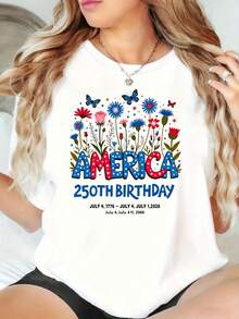 America 250th Birthday T-Shirt - -Neck Casual Red White & Blue Flag Shirt Suitable For 250th Anniversary Celebration, Machine Washable American Themed Apparel For Year-Round Wear Fun Printed Round Neck Short Sleeved Women's T-Shirt, Suitable For: Sports Events/Holiday Parties/Outings/Sports And Other Holiday Gifts Fun Printed Round Neck Short Sleeved Women's T-Shirt, Suitable For: Sports Events/Holiday Parties/Outings/Sports And Other Holiday Gifts - trắng - Xem 1