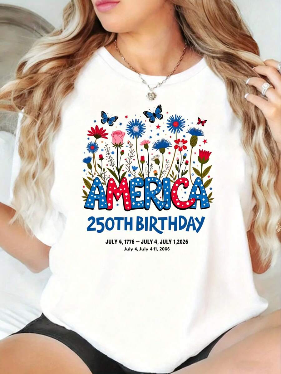 America 250th Birthday T-Shirt - -Neck Casual Red White & Blue Flag Shirt Suitable For 250th Anniversary Celebration, Machine Washable American Themed Apparel For Year-Round Wear Fun Printed Round Neck Short Sleeved Women's T-Shirt, Suitable For: Sports Events/Holiday Parties/Outings/Sports And Other Holiday Gifts Fun Printed Round Neck Short Sleeved Women's T-Shirt, Suitable For: Sports Events/Holiday Parties/Outings/Sports And Other Holiday Gifts - trắng - Xem 1