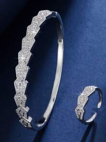 Bộ 2 món đồ trang sức tối giản sang trọng đính đá Cubic Zirconia tổng hợp, vòng tay và nhẫn, món quà đa năng phù hợp để đeo hàng ngày dành cho phụ nữ. - bộ nhẫn vòng tay - Xem 6