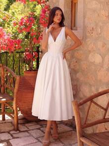 Women's Elegant Deep V-Neck Sleeveless Pleated Fishbone High Waist Tie Back Mid-Length Umbrella Skirt Party Dress For Prom Birthday Party Evening Date Homecoming Party Wedding Guest Cocktail Reception Family Festival Spring - White - View 6