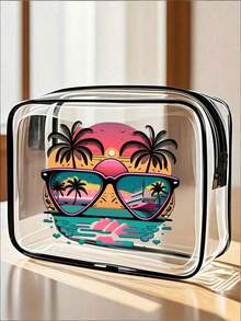 贝壳沙滩夏季字母图案多功能透明防水PVC包，旅行化妆包，旅行洗漱包，旅行洗漱包，主题沙滩包，男女通用，迎接夏天，商务旅行，浴室用品，旅行必备，邮轮必备，女士派对装扮（拉链款式随机） - 黑與白 - 查看 16