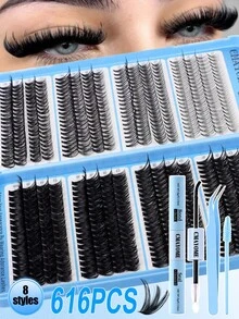 Bộ 472/584/616 sợi mi giả D Curl dạng chùm riêng lẻ kèm keo dán và chất kết dính, nhíp, cọ trang điểm, thân thiện với người mới bắt đầu, hộp mi giả dung lượng lớn phù hợp với nhiều kiểu trang điểm khác nhau, mi giả dày và bền lâu, quà tặng dành cho phái nữ. Bộ trang điểm chuyên nghiệp giúp bạn có đôi mắt đẹp. - Màu xanh Bạc hà - Xem 3