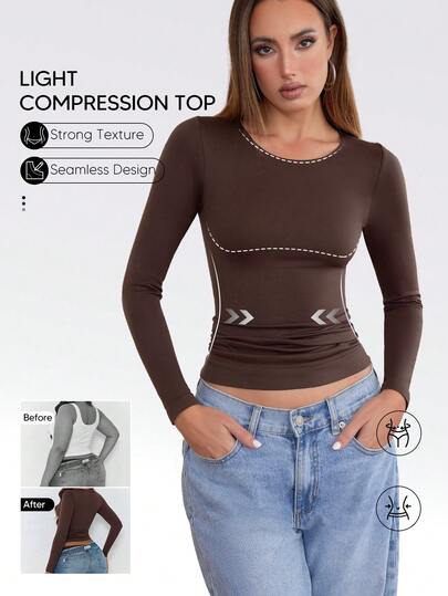 Suprenx Women's Seamless Long Sleeve Sports Underwear Top, Round Neck Design, Lightweight Thermal Undershirt For Summer Air Conditioning